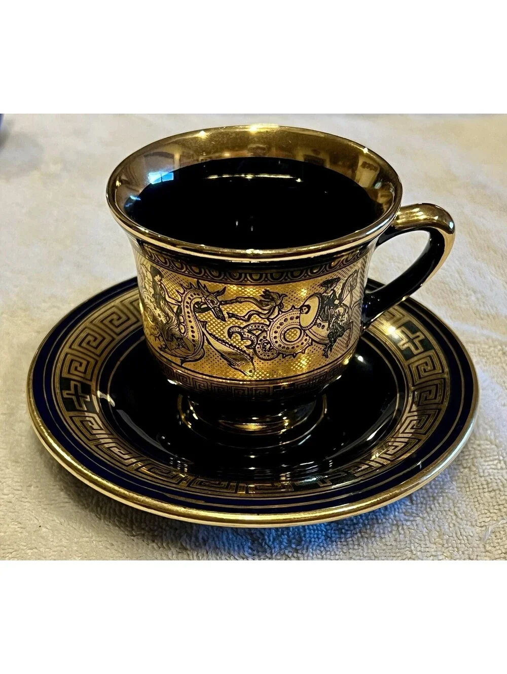 3 Pcs Set SPYROPULOS Greek D. Cup & Saucer, Vase Ashtray, 24k Trim, Cobalt B